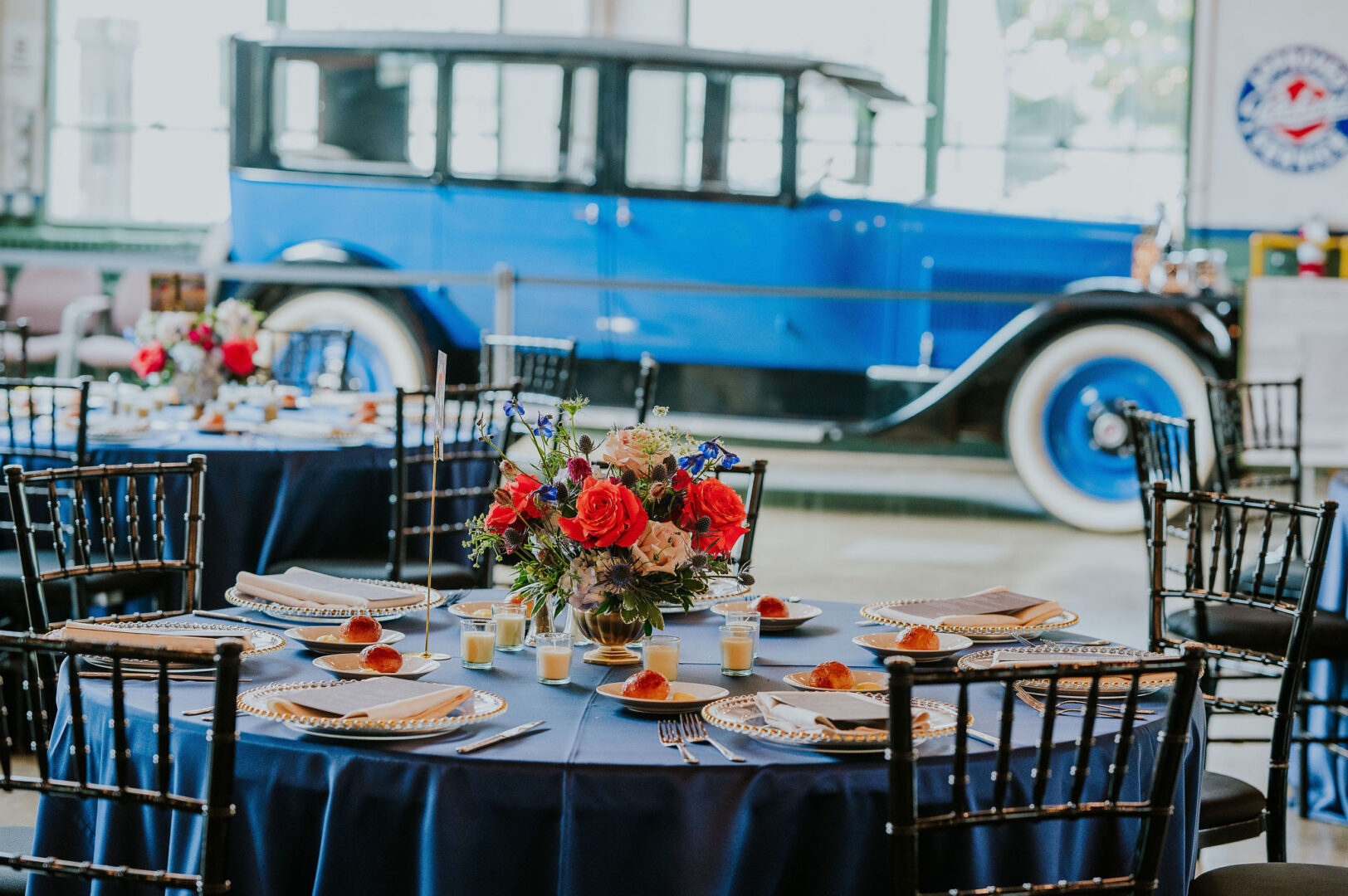 Packard Proving Grounds Repair Garage Wedding Tables and 1925 Electric Blue Packard Taxi